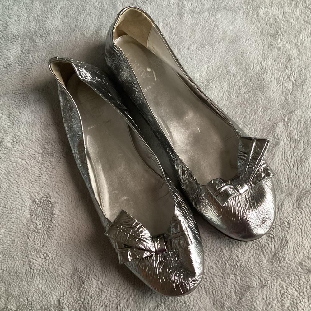 J. Crew Pippa Mirror Silver Foil Leather Bow Ballerina Ballet Flats Sz 10